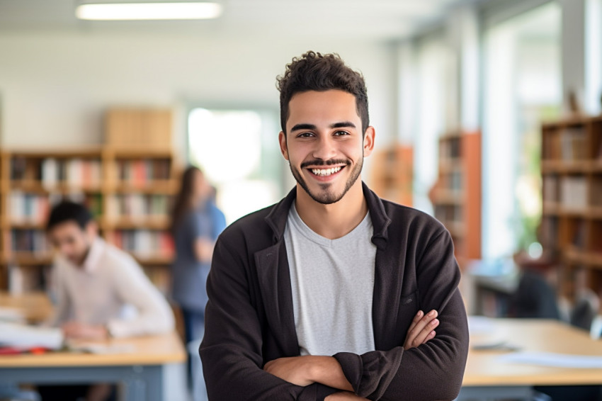 International student working with a smile on blurred background