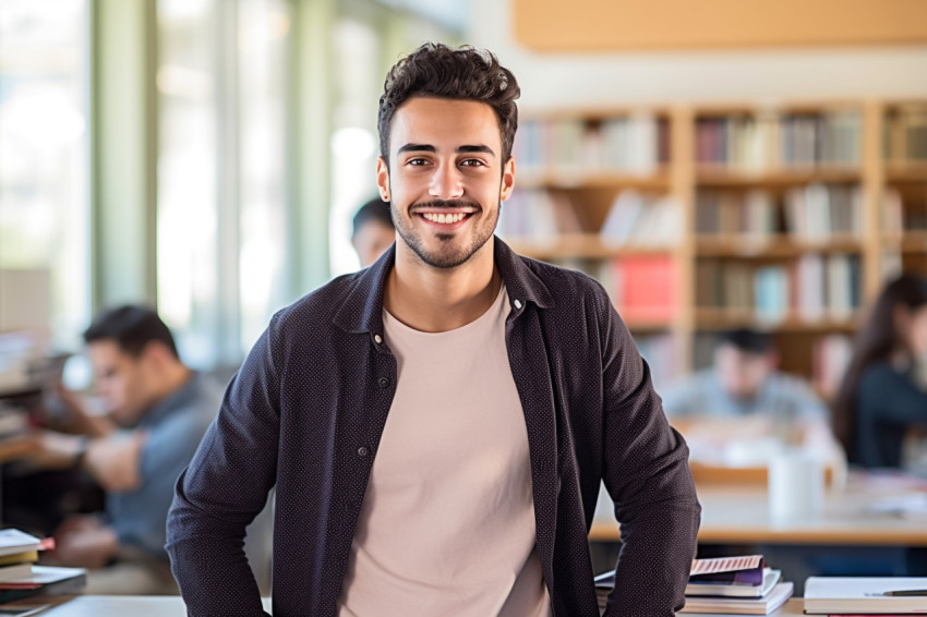 International student working with a smile on blurred background