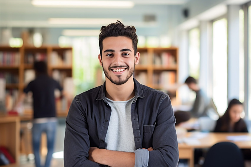 International student working with a smile on blurred background