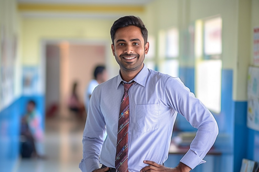 Friendly Indian male teacher working on blurred background