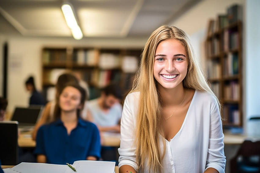 Smiling female college student working in a blurred background