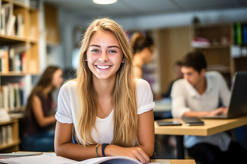 Smiling female college student working in a blurred background