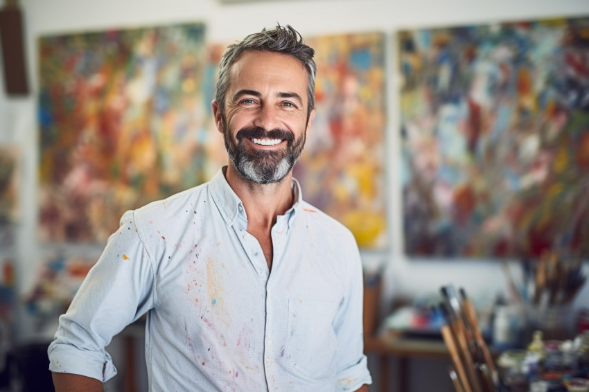 Smiling male art teacher working in classroom