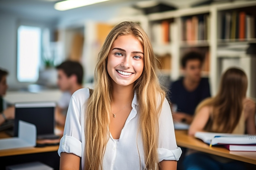 Smiling female college student working in a blurred background