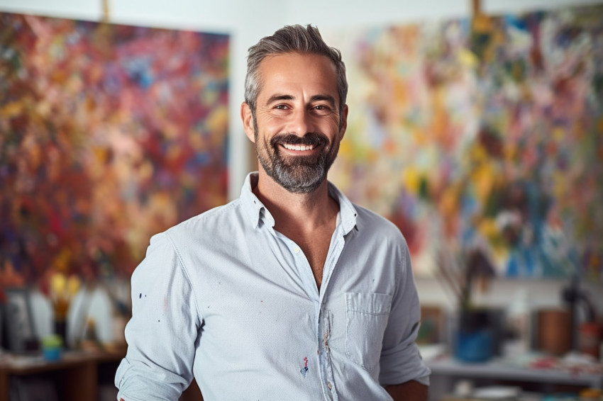 Smiling male art teacher working in classroom