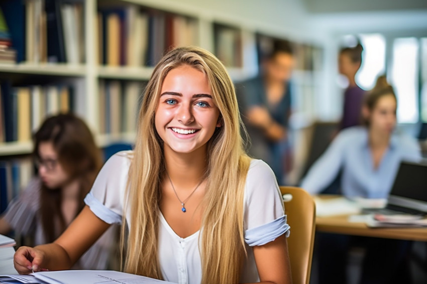 Smiling female college student working in a blurred background