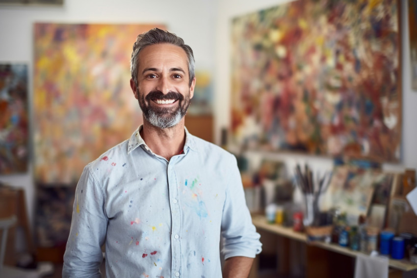 Smiling male art teacher working in classroom