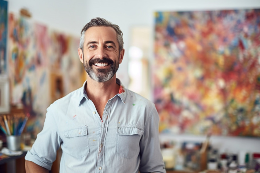 Smiling male art teacher working in classroom