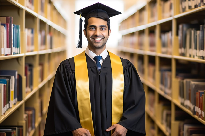 Indian male graduate student working on blurred background