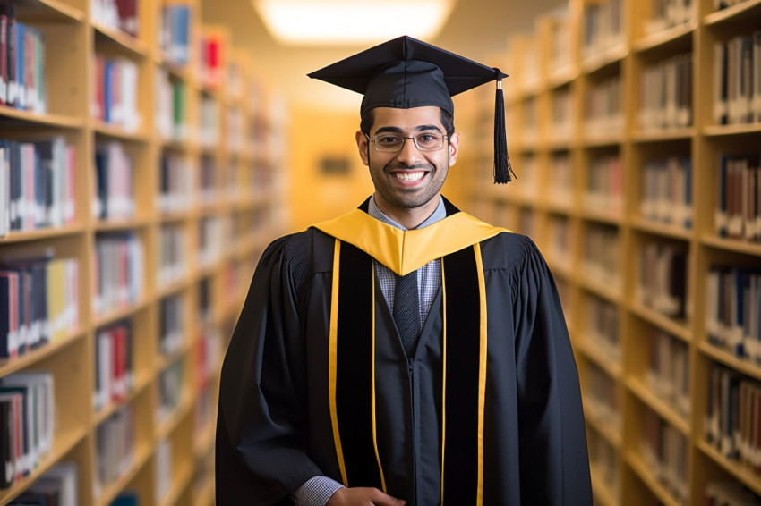 Indian male graduate student working on blurred background