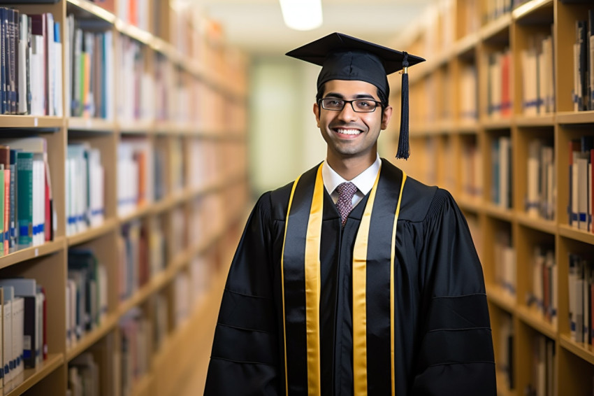 Indian male graduate student working on blurred background