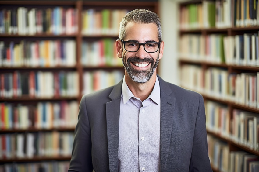 Smiling male librarian working in a library