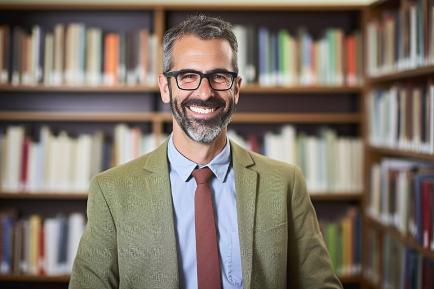 Smiling male librarian working in a library