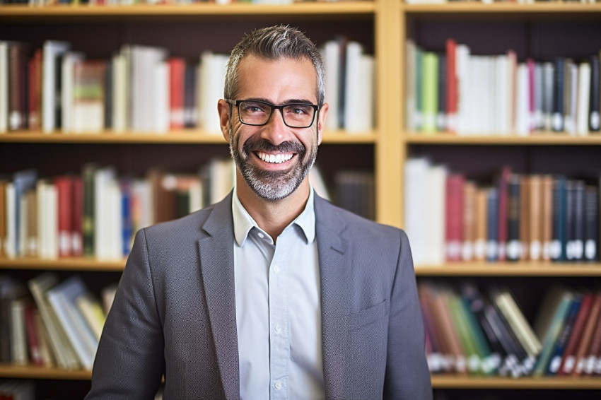 Smiling male librarian working in a library