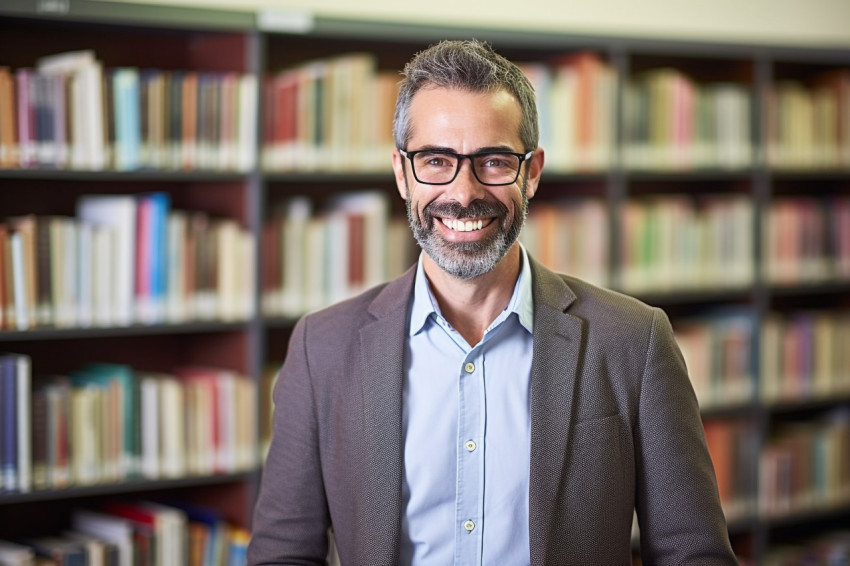 Smiling male librarian working in a library