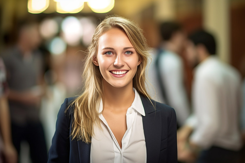 Smiling female student working on blurred background