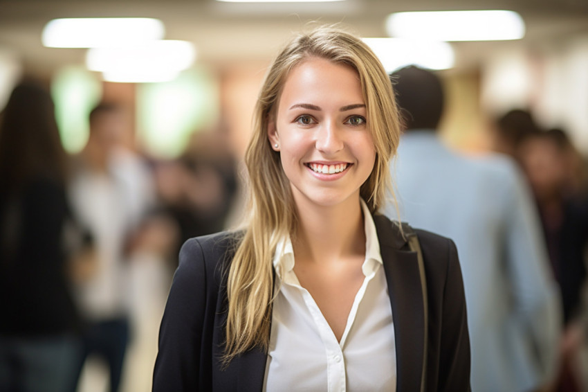 Smiling female student working on blurred background