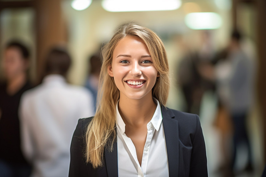 Smiling female student working on blurred background