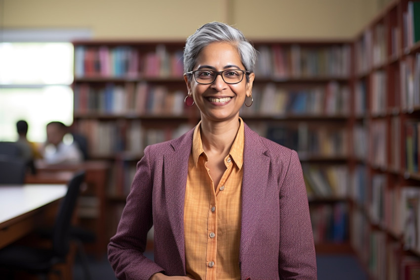 Indian woman professor smiling at work