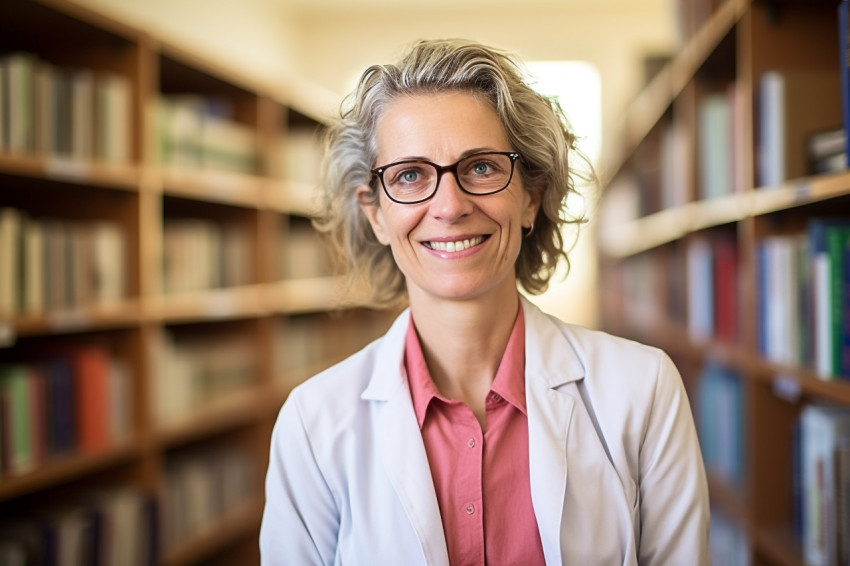 Smiling female professor on blurred background