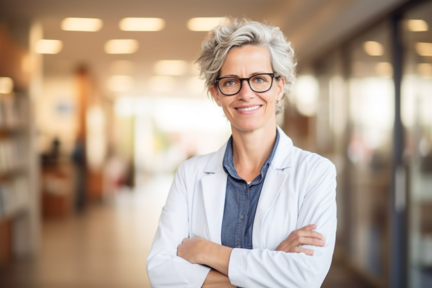 Smiling female professor on blurred background