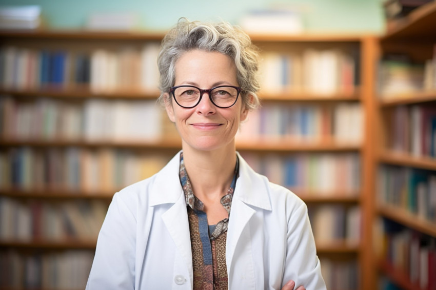 Smiling female professor on blurred background