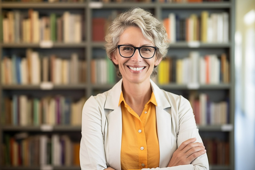 Smiling female professor on blurred background