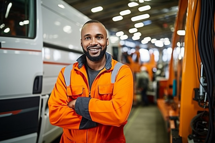 Skilled bus mechanic working with a smile against a blurred background