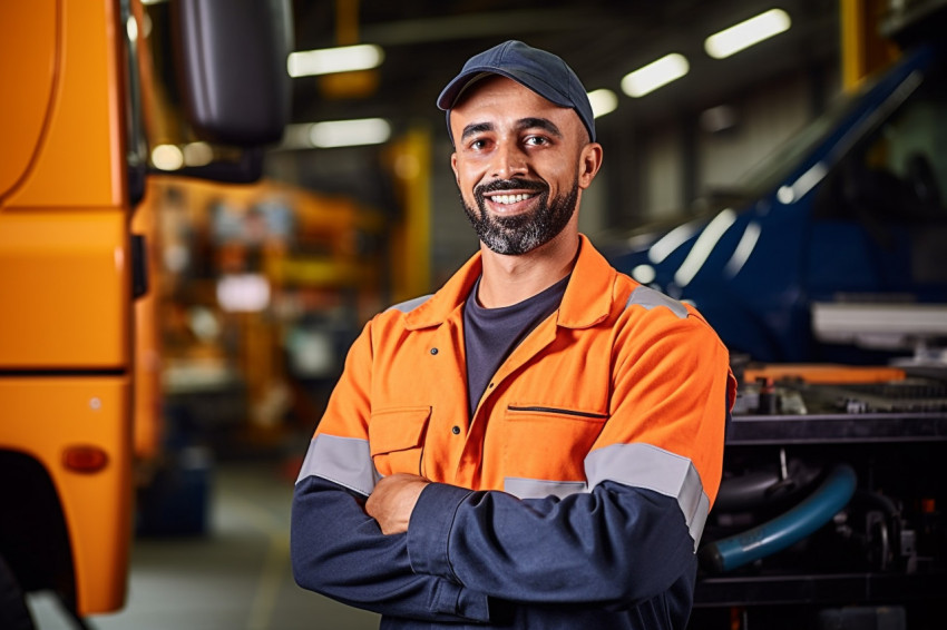 Skilled bus mechanic working with a smile against a blurred background