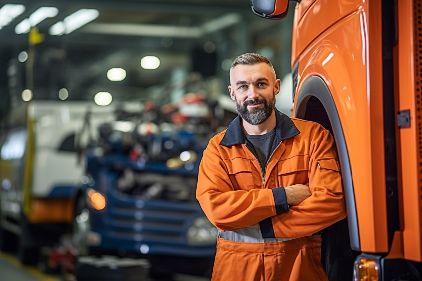 Skilled bus mechanic working with a smile against a blurred background