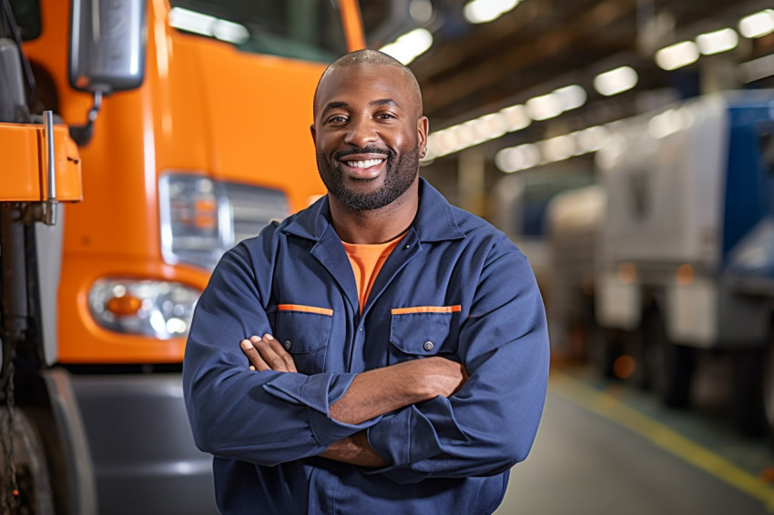 Skilled bus mechanic working with a smile against a blurred background