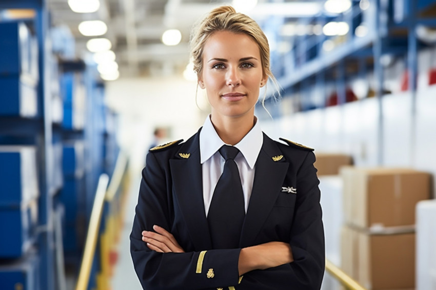 Empowered female ship captain diligently working against a blurred background