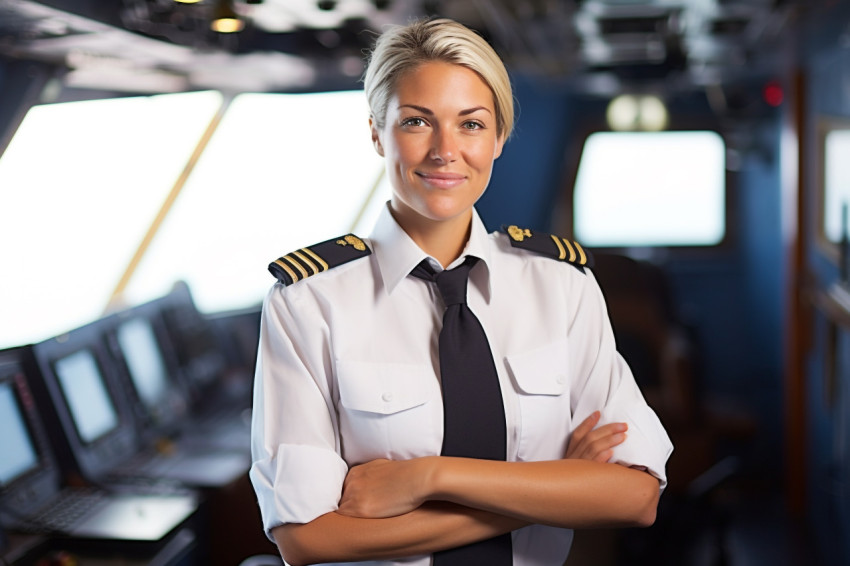 Empowered female ship captain diligently working against a blurred background