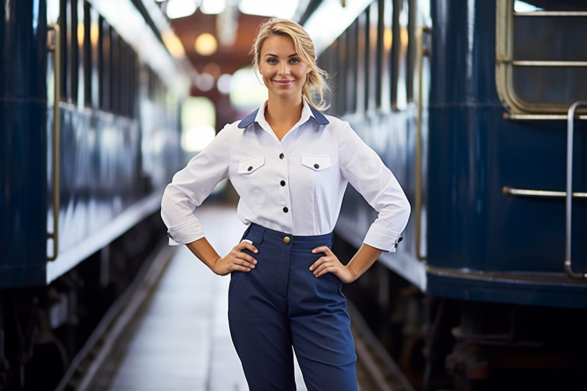 Skilled female train conductor working against a blurred background