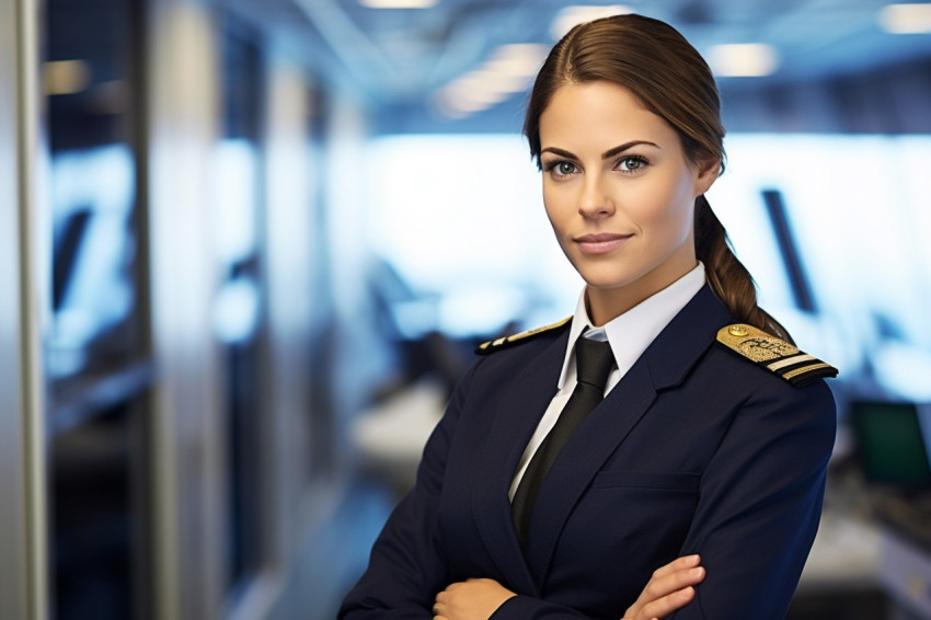 Empowered female ship captain diligently working against a blurred background