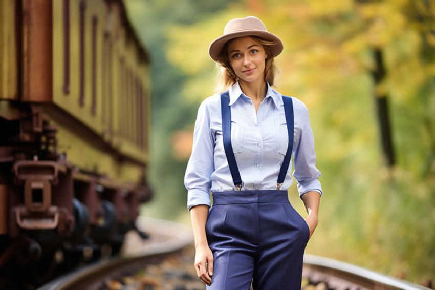 Skilled female train conductor working against a blurred background