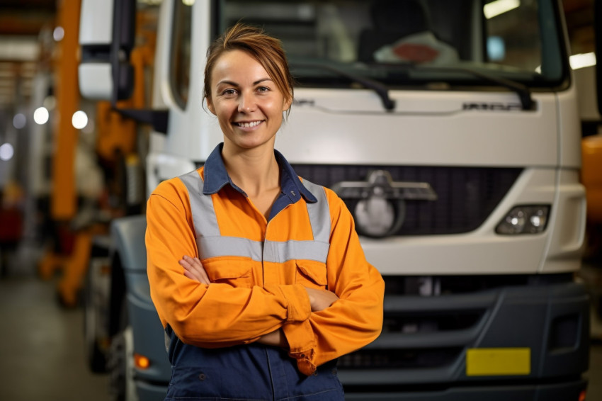 Skilled female truck mechanic expertly repairs vehicle against a blurred background