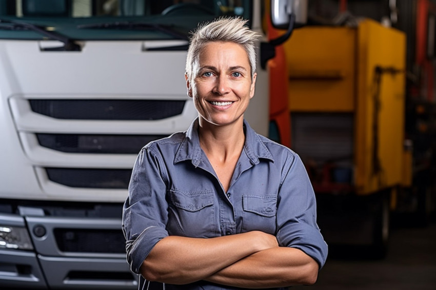 Skilled female truck mechanic expertly repairs vehicle against a blurred background