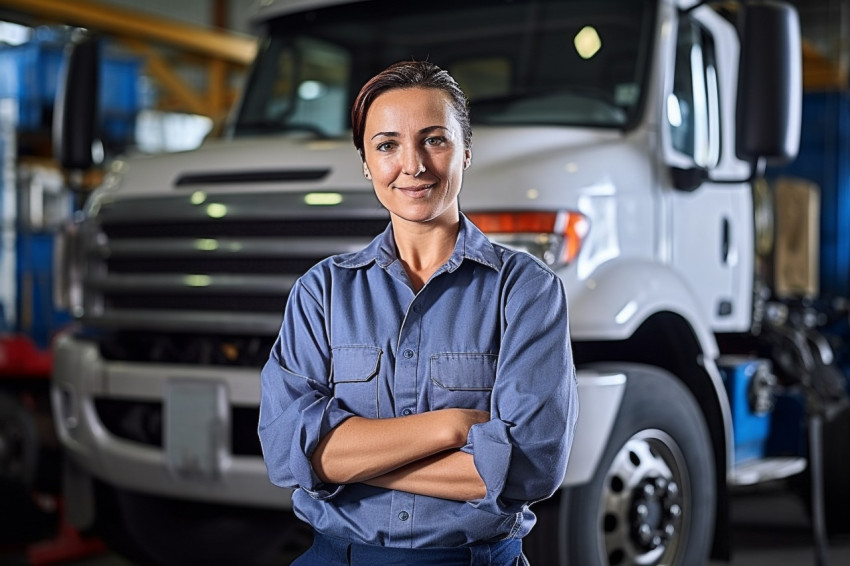 Skilled female truck mechanic expertly repairs vehicle against a blurred background