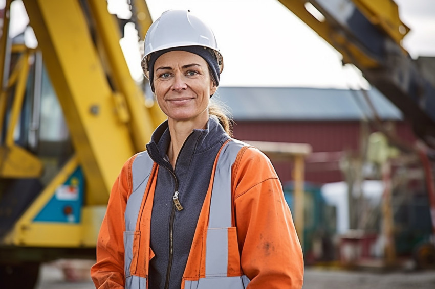 Skilled female crane operator skillfully maneuvers machinery against on a blurred background