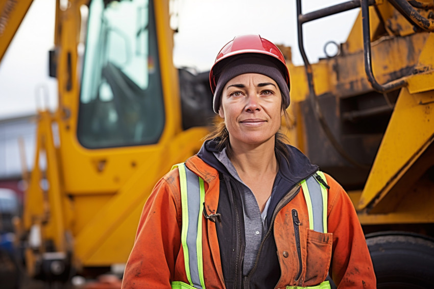 Skilled female crane operator skillfully maneuvers machinery against on a blurred background