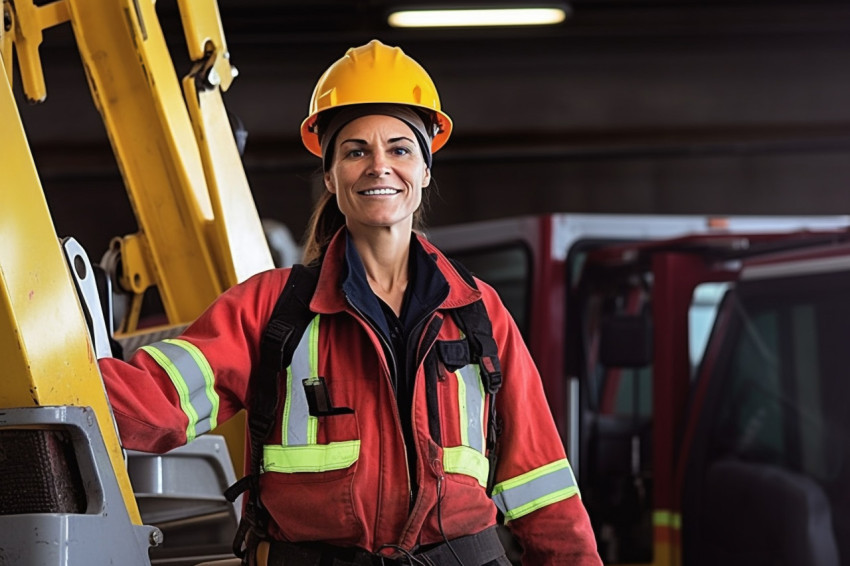 Skilled female crane operator skillfully maneuvers machinery against on a blurred background