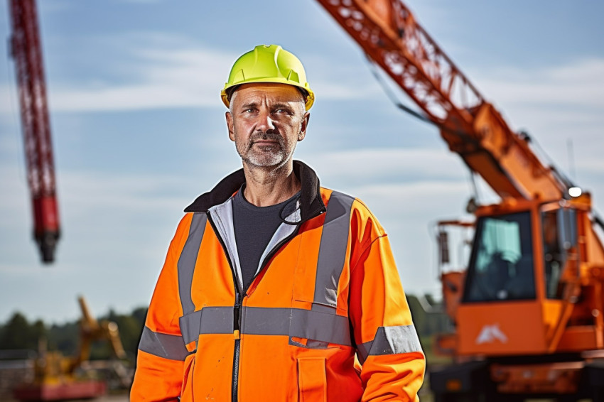 Skilled crane operator skillfully maneuvers machinery against on a blurred background