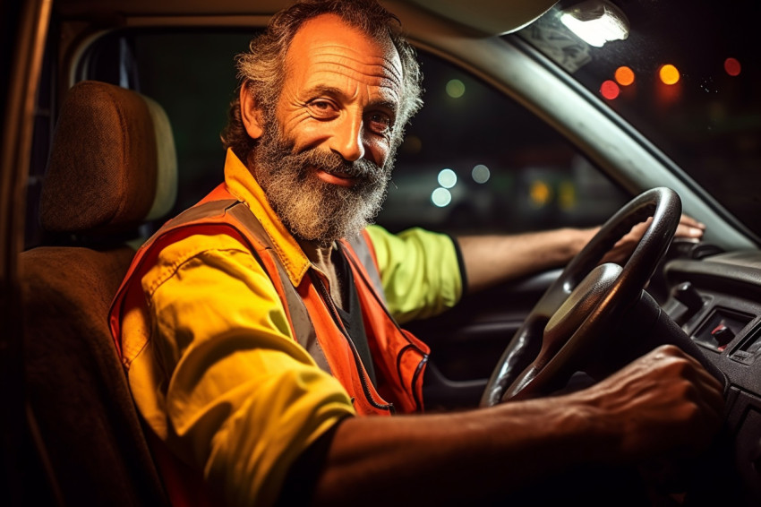 Smiling taxi driver standing ready for his next passenger on a blurred background