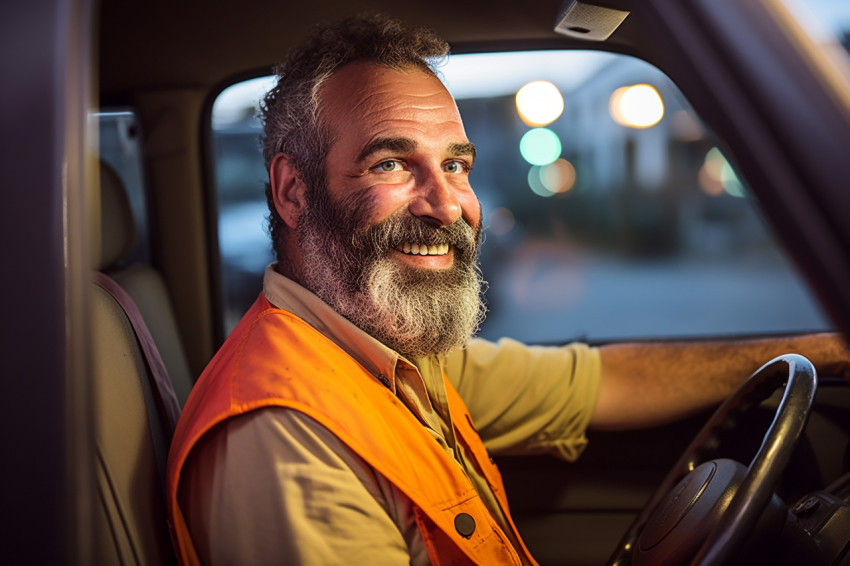 Smiling taxi driver standing ready for his next passenger on a blurred background