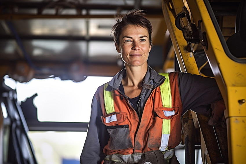 Skilled female crane operator skillfully maneuvers machinery against on a blurred background