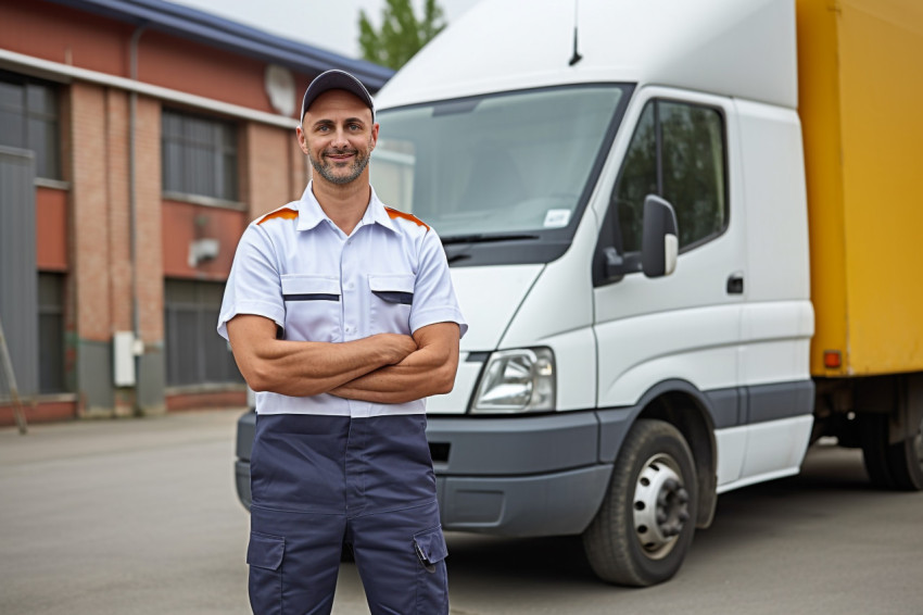 Smiling delivery man holding package ready for delivery on a blurred background