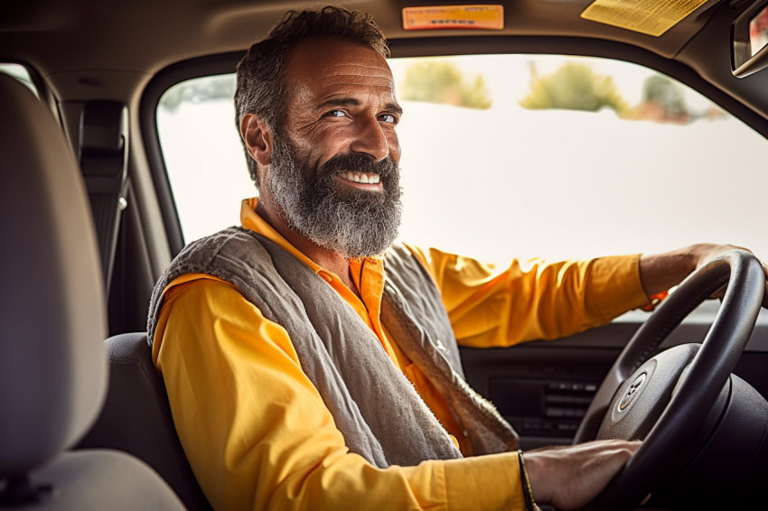 Smiling taxi driver standing ready for his next passenger on a blurred background