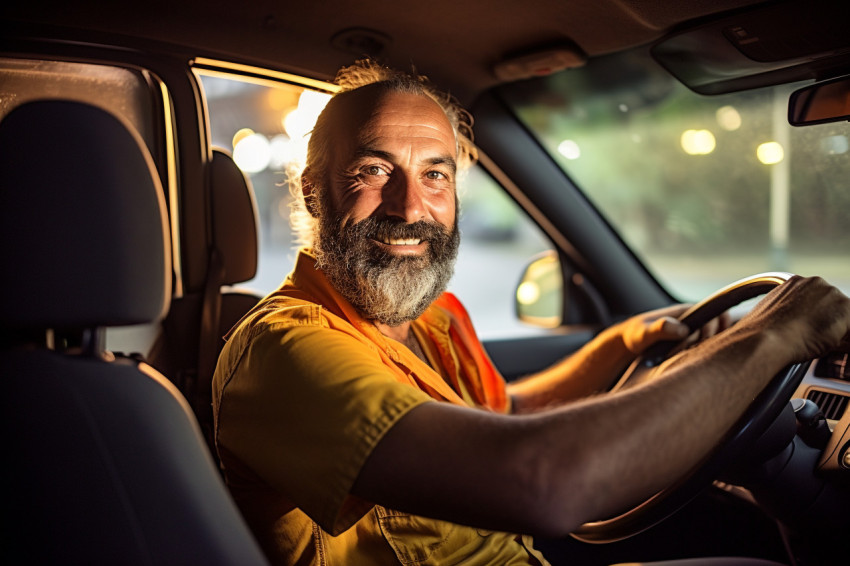 Smiling taxi driver standing ready for his next passenger on a blurred background