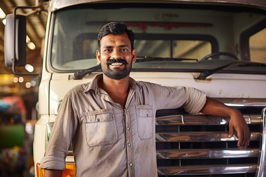 Skilled Indian truck mechanic repairs vehicle with expertise on a blurred background